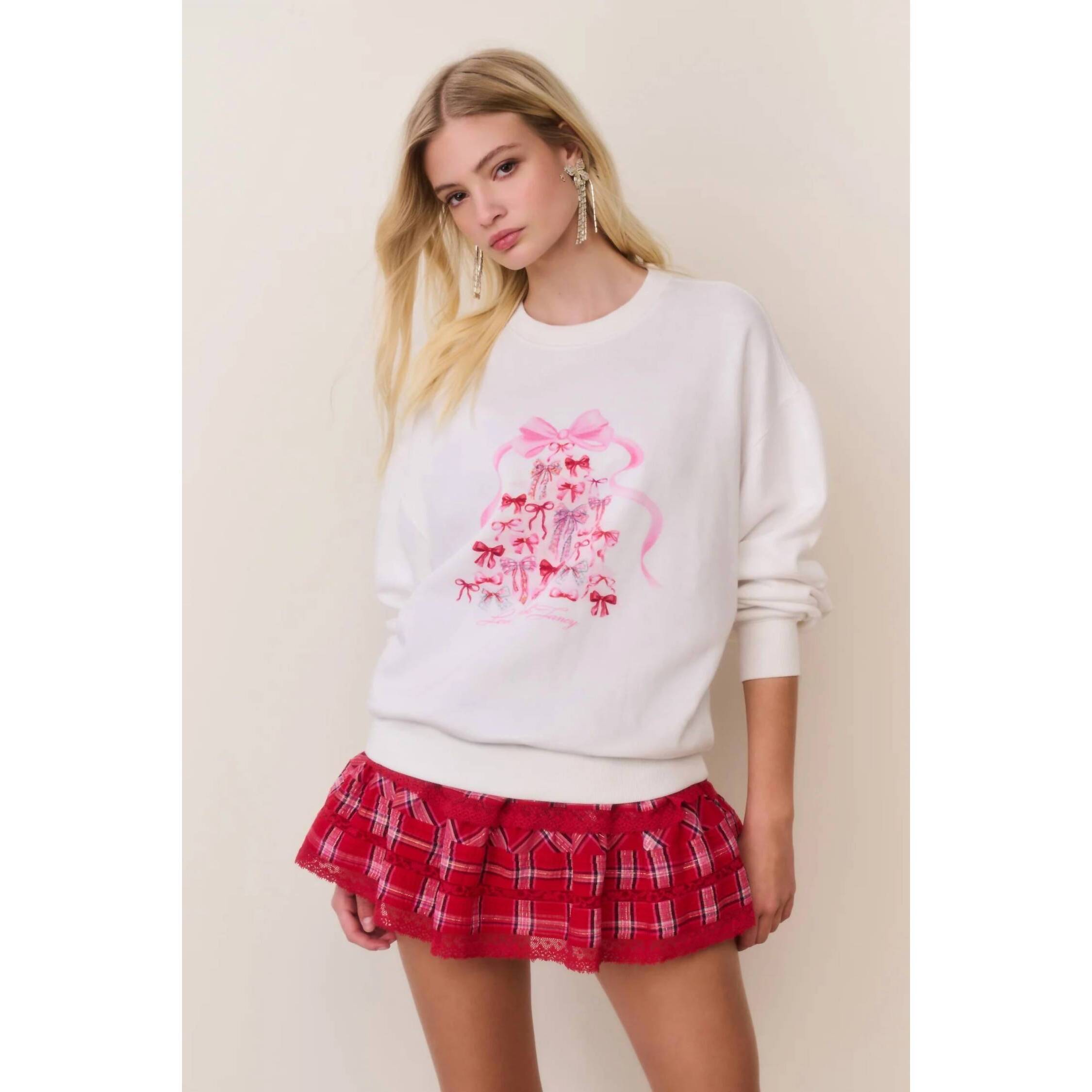 New Loveshackfancy Havenleigh Christmas Bow Fleece Pullover In White